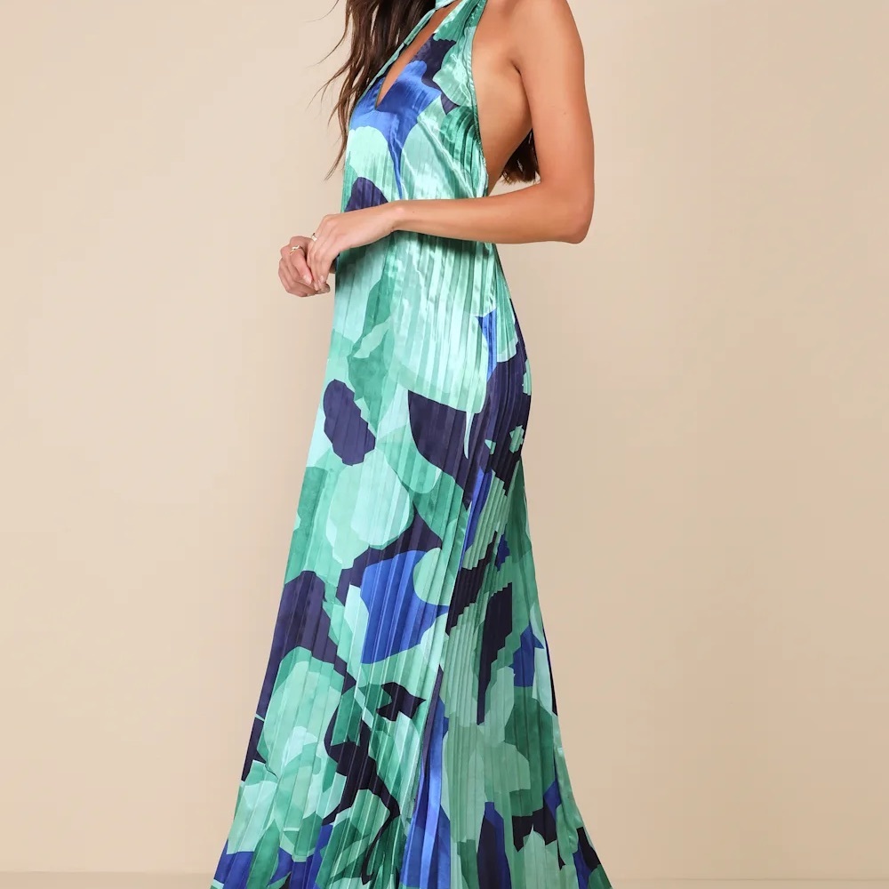 Prime Poise Green and Blue Abstract Satin Halter Maxi Dress - Picture 3 of 6